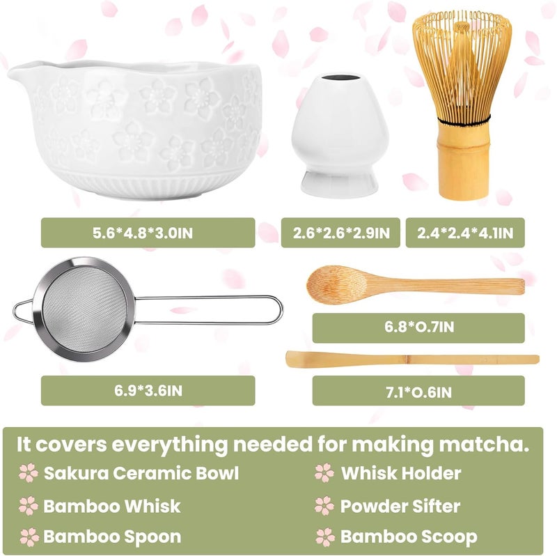 RANERANE Matcha Whisk Set, Sakura White Ceramic Matcha Set Includes Matcha Bowl, Matcha Whisk (Chasen) and Holder, Sifter, Bamboo Scoop & Spoon - 6 Pcs Matcha Kit for Matcha Lovers - Image 2